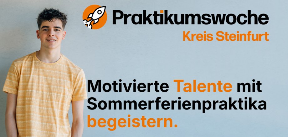 Motivierte Talente mit Sommerferienpraktika begeistern. - 1 Junger Mann weist motiviert auf die Praktikumsmöglichkeiten im Kreis Steinfurt hin.